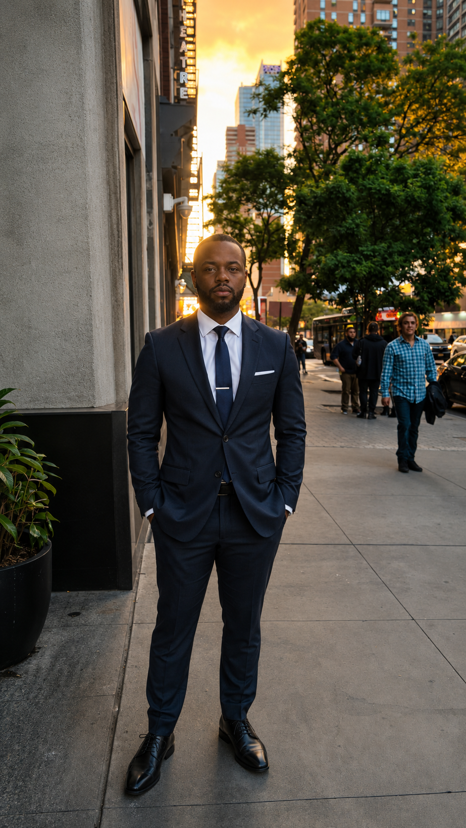 Ladarius Robinson, founder of Fresh Footing, in a navy suit on a city sidewalk
